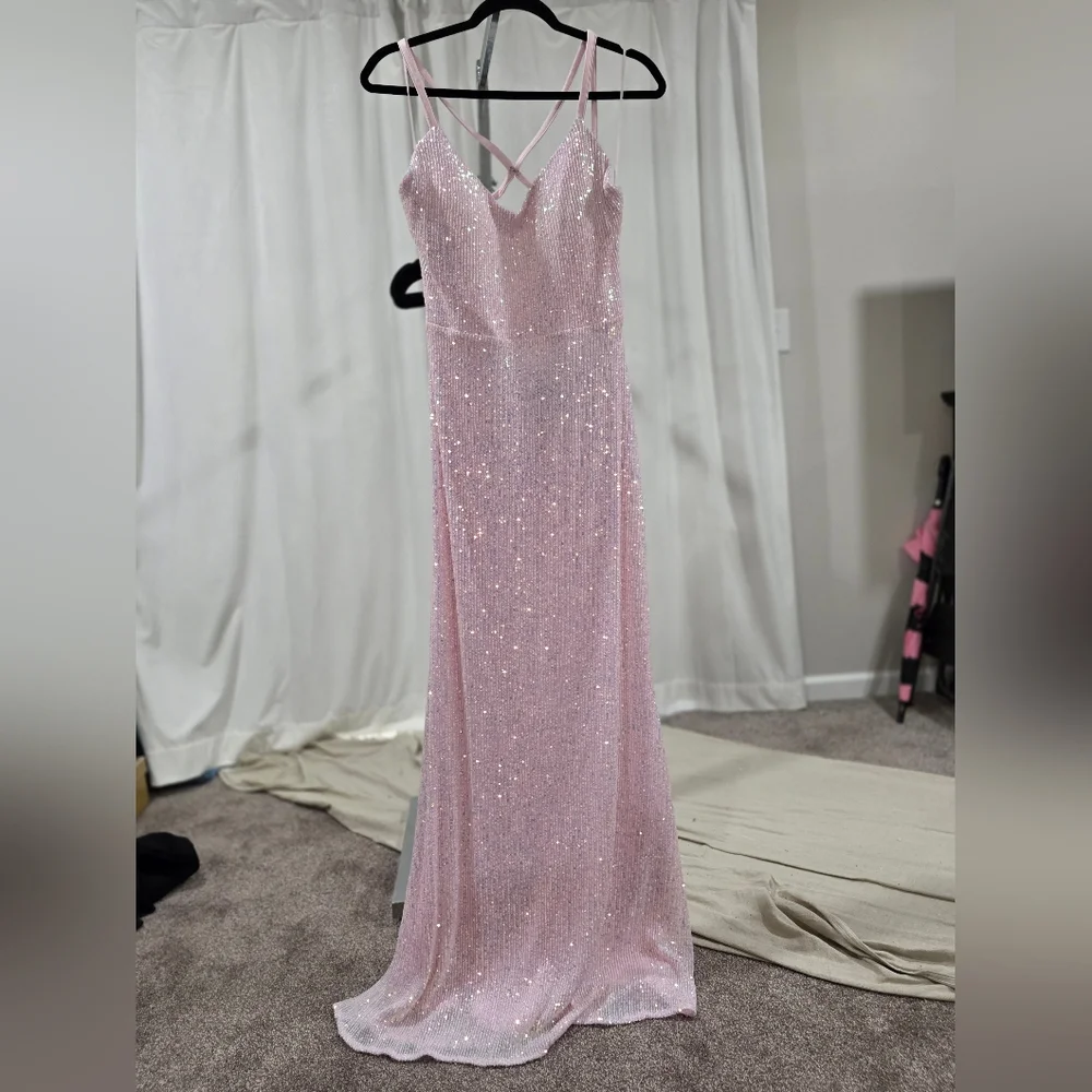 Morgan & Co Ice Pink Sequin Strappy Back Gown - Picture 1 of 8